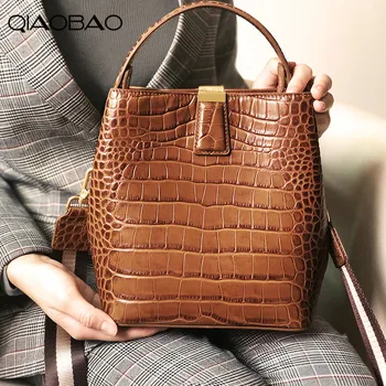 

QIAOBAO 100% Cow Leather handbag 2019 new top layer cowhide crocodile pattern bucket bag casual portable crossbody shoulder bag