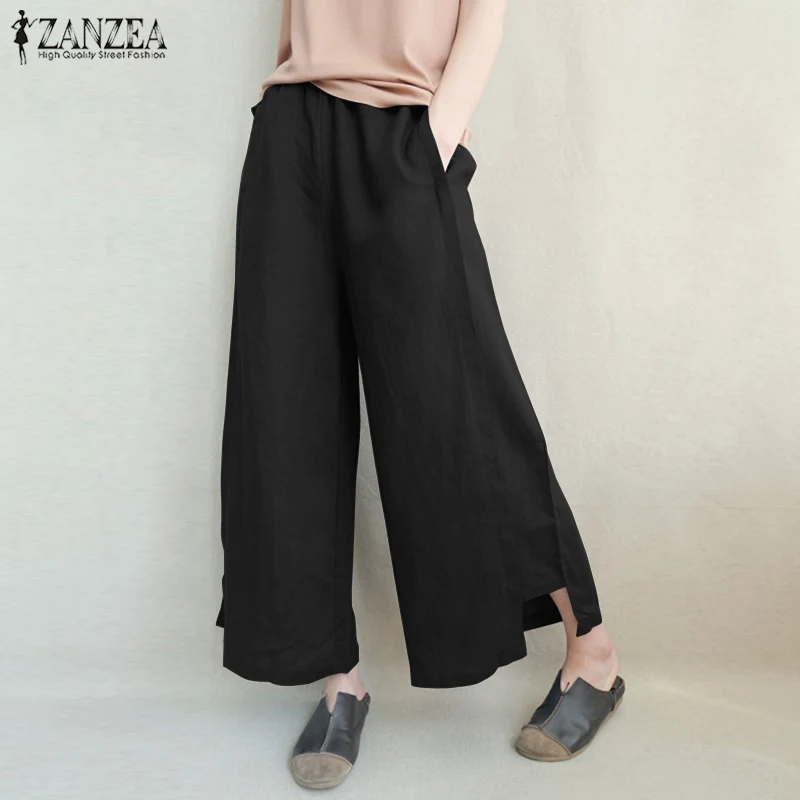 5XL 2019 ZANZEA Women Wide Leg Pants Summer Casual Elastic Waist Cotton Linen Loose Pantalon Flare Trousers Streetwear Plus Size 5XL 2019 ZANZEA Women Wide Leg Pants Summer Casual Elastic Waist Cotton Linen Loose Pantalon Flare Trousers Streetwear Plus Size