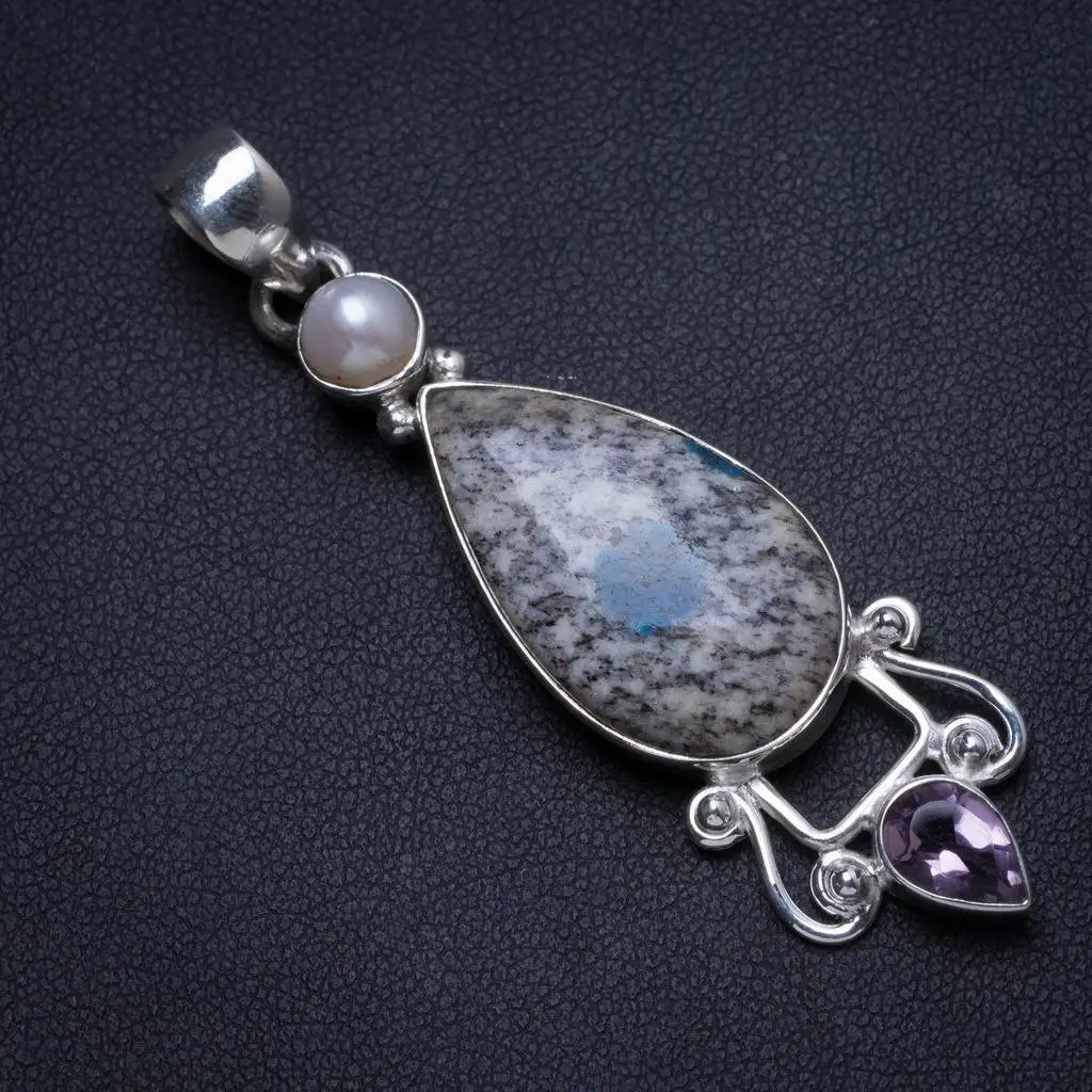 

Natural Blue Azurite,River Pearl and Amethyst Handmade Unique 925 Sterling Silver Pendant 2.25" X0455