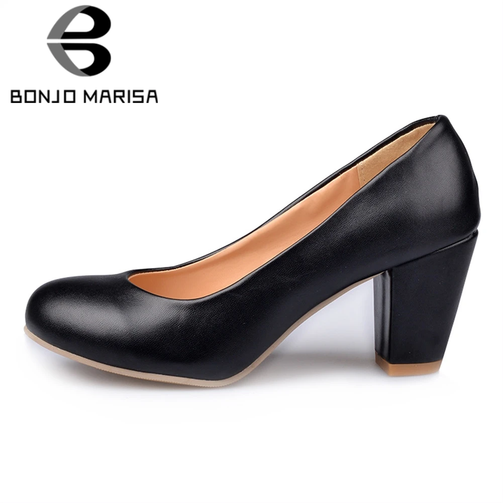 

BONJOMARISA 2020 New Solid Square High Heels Round Toe Shallow Shoes Woman Casual Office Ol Spring Autumn Pumps Plus Size 31-47