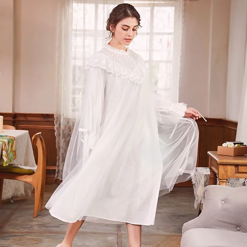

Women Nightwear Long Sleeved Cotton Gauze Lace Princess Nightgown Sweet Sexy Retro Elegant Palace Long Nightdress Night Gown