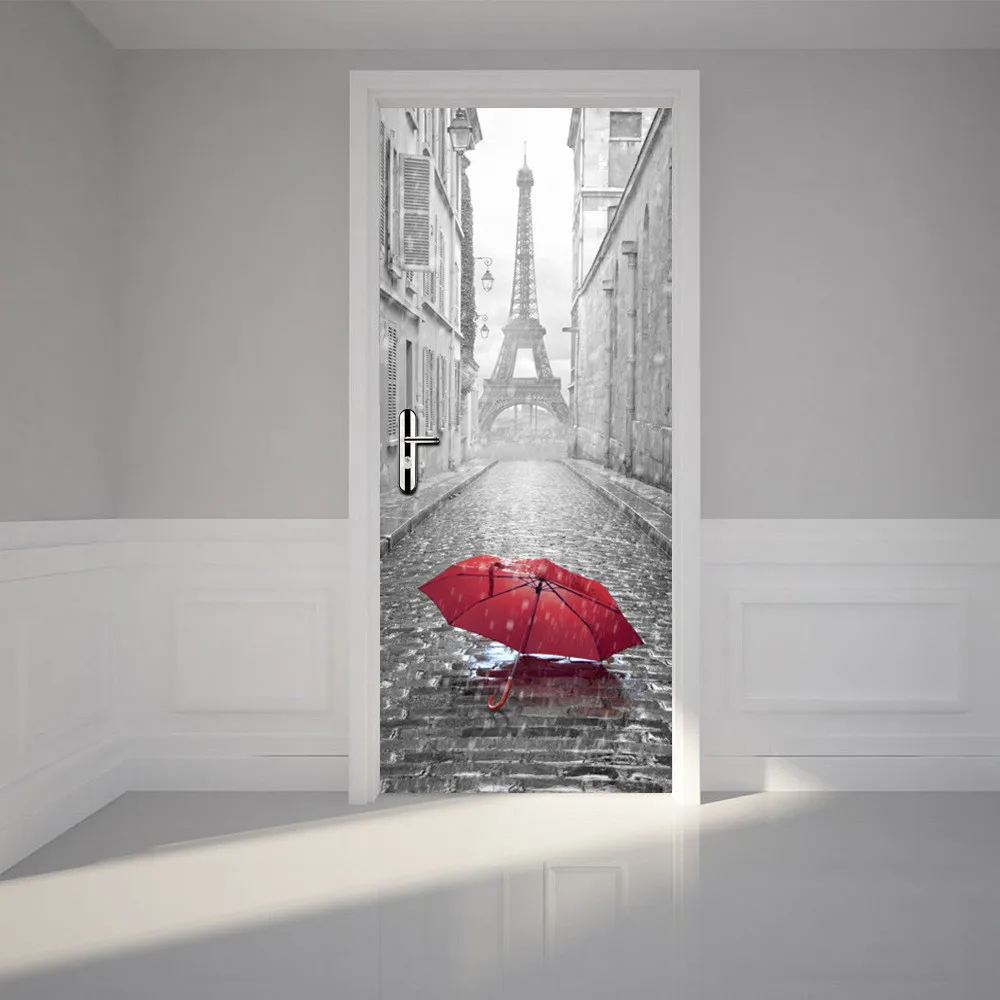 

77x200cm Beautiful Umbrella Door Sticker Home Decor 3D Self Adhesive Waterproof Wallpaper For Bedroom Living Room Mural Decal