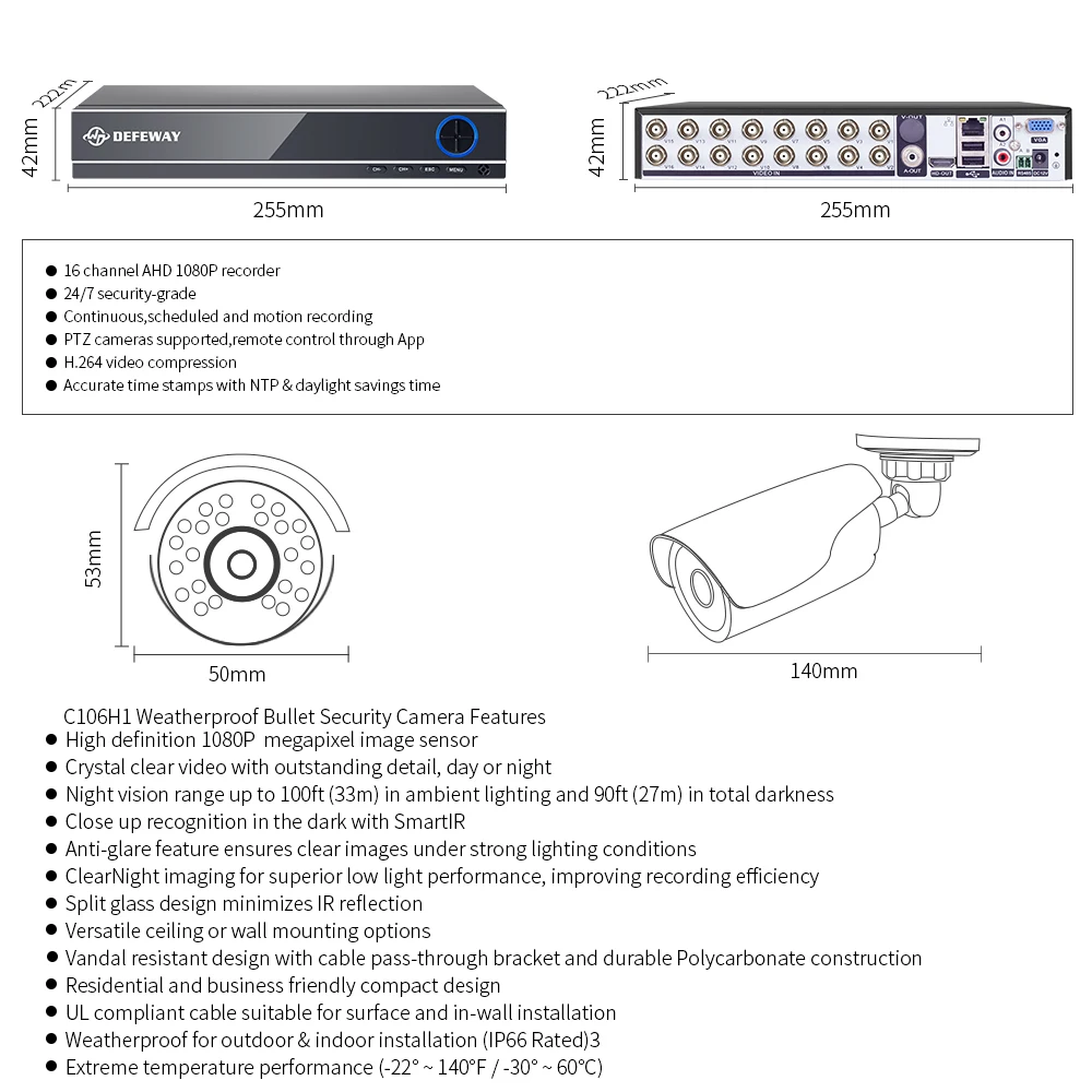 DEFEWAY 16CH 1080P 2000TVL наружная система камер домашней безопасности CCTV видео Наблюдение DVR комплект AHD камера набор с 8 камера s