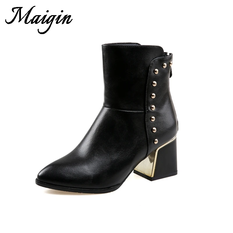 Maigin Ankle Boots for Women 2018 New Pointed Toe High Heels Ladies Shoes Square Heel Rivet Footwear Winter Leather Boots Women