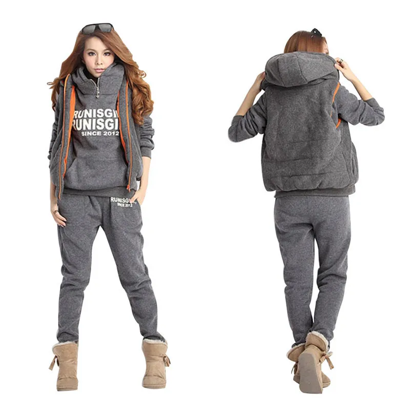 Women Tracksuits Autumn Winter 3 Piece Set Hoodies + Vest Pants Sport Suit Letter Printed Fleece Jogging Running Suits Female|running set|hoodie