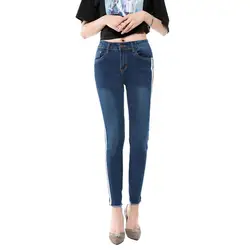 Для женщин середины талии эластичные джинсы в винтажном стиле женские Потертая джинсовая ткань обтягивающие узкие брюки
