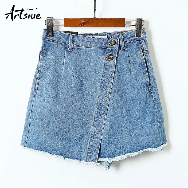 

Artsnie high waist streetwear casual denim women skirt spring 2019 button double pockets short A line girls skirts jeans mujer