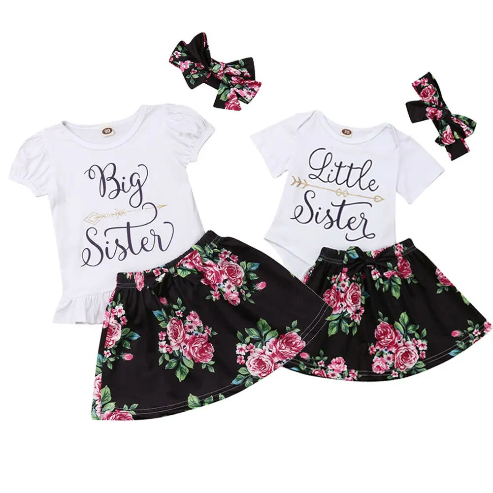 

3PCS Set Little/Big Sister Short Sleeve T-shirt Bodysuit Tops Floral Skirt Headband Outfits Girls Clothes