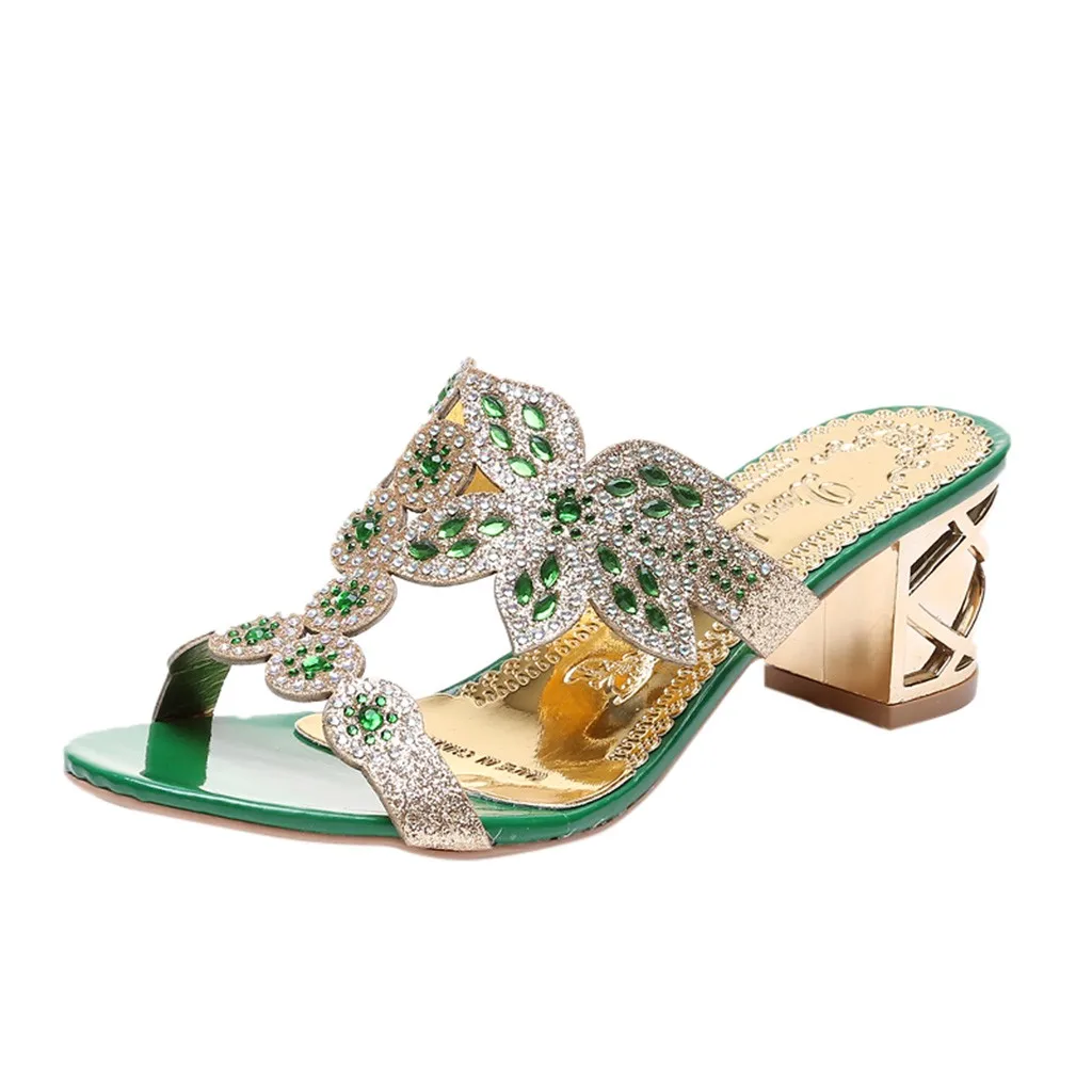 Женские сандалии в богемном стиле с толстыми кристаллами; сандалии в римском стиле; повседневная обувь с открытым носком; сандалии богемного стиля на квадратном каблуке; женские босоножки - Цвет: Зеленый