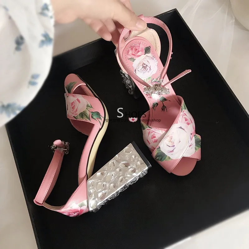 

Loney New Spring Summer Printed Floral Genuine Leather Crystal Beading Women Sandals Sexy Open Toe Thick Heel Summer High Heels