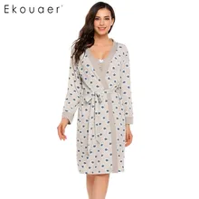 Ekouaer 2 предмета цветочный принт халат комплект Хлопковая пижама женская с длинным рукавом халат осеннее платье ночное белье пижамный комплект с поясом