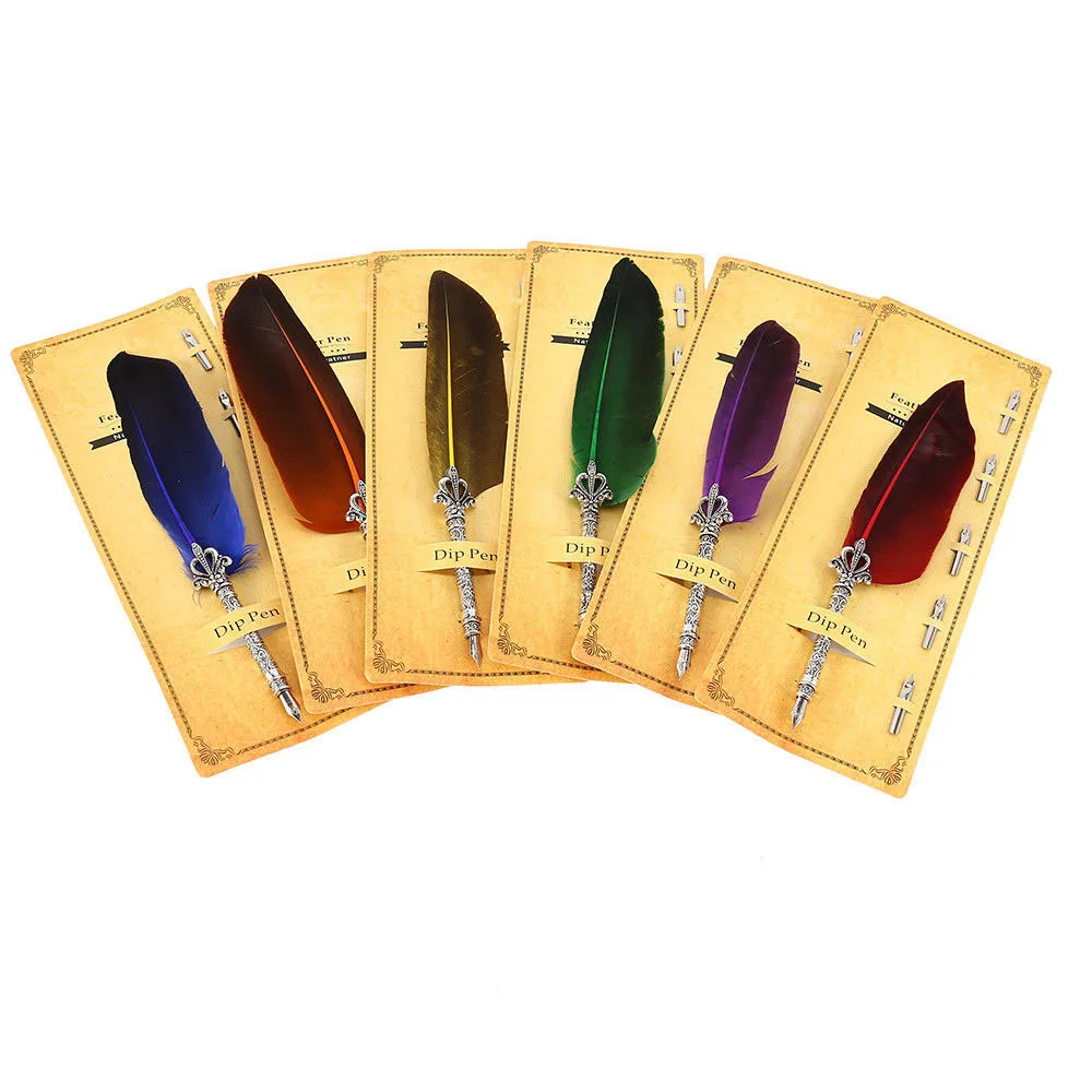 

1 Set Feather Dip Fountain Pen Chancery Quill Oblique Pen+5Pcs Nib Metal For Fancy Font Calligraphy Vintage Pen Office Supplies