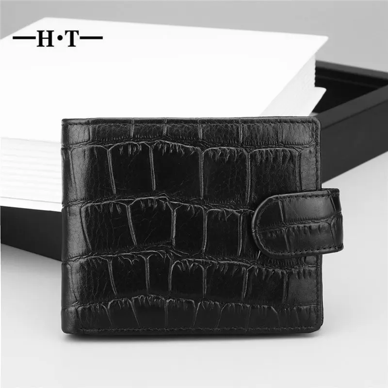 

HT Genuine Leather Wallet Mens Short Purses Crocodile Wallets ID Card Holders Male Business Notecase Black Foldable Pockets