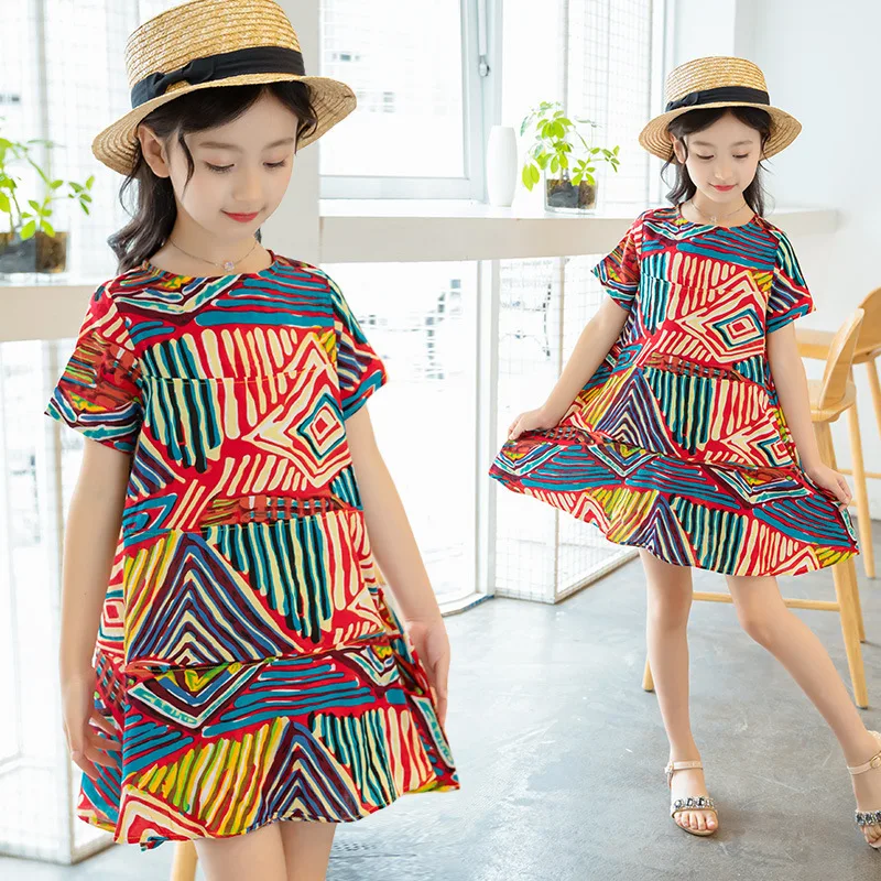 Summer Girls Cotton Retro Style Princess Short sleeve Dresses Multicolor Leisure Kids Party For Dress Tops Clothes | Детская одежда и