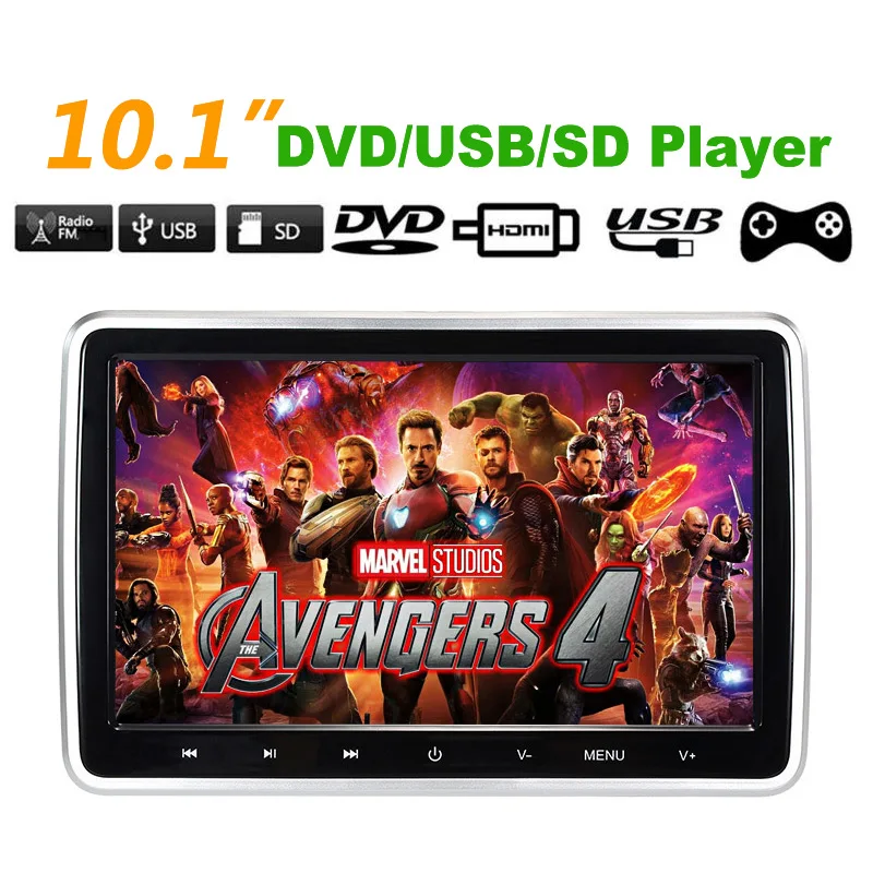 

10.1" Car Headrest Monitor DVD Video Player USB/SD/HDMI/IR/FM TFT LCD Screen 1024x600 Touch Button Game Remote Control Plug Play