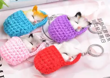 

500PCS Cute Sleeping Cat Pompom Keychains For Women Girls Handmade Woven Shoes Faux Rabbit Fur Kitten Key Chains