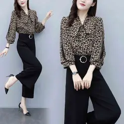 2019 весна и осень модные новые леопардовые повседневные топы тонкие широкие брюки темперамент элегантные женские из двух частей