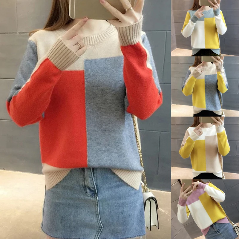 Women Sweater and Pullover Contrast Color Women Winter Sweater Long Sleeve Female Knitted Sweater Jumper Color Block