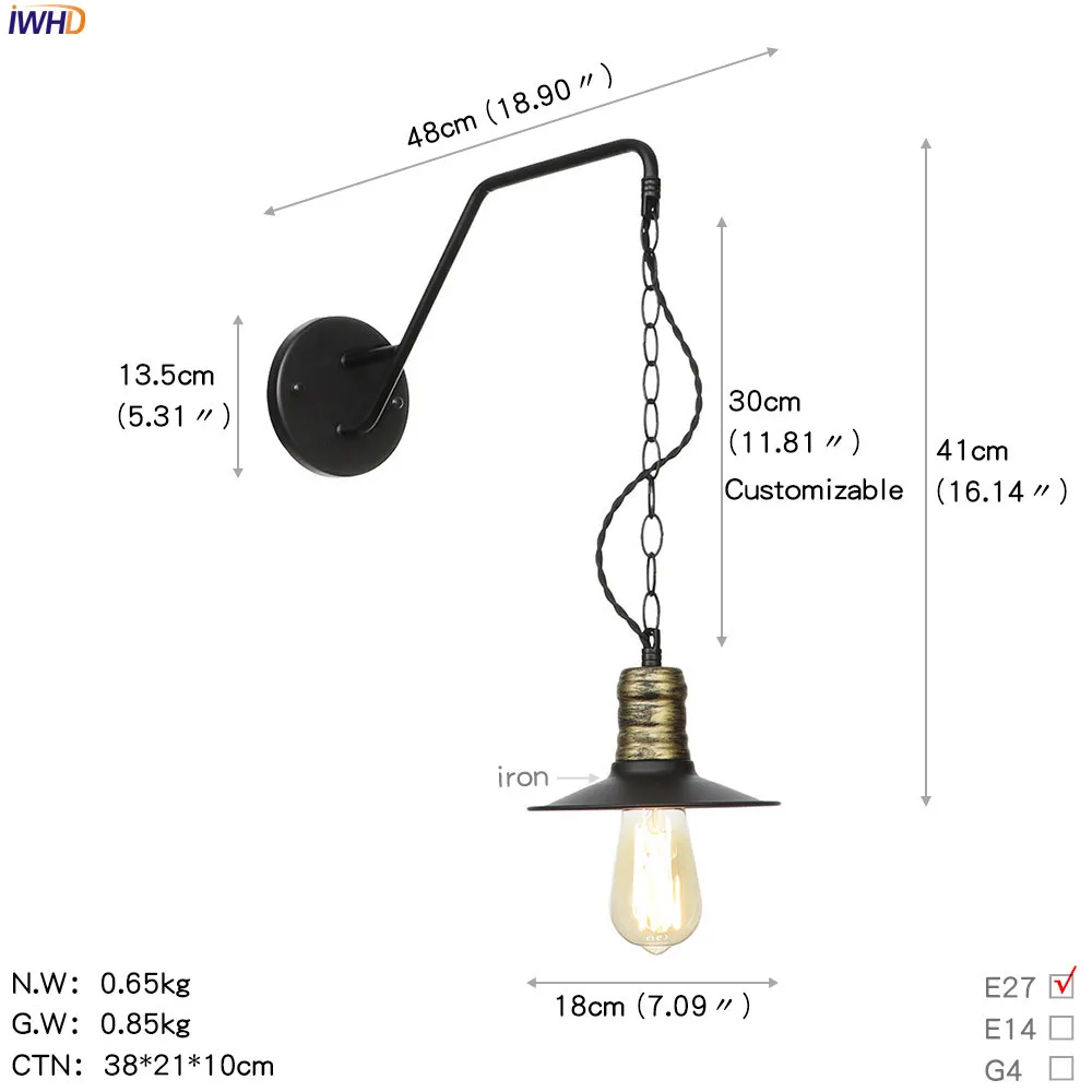 Ретро iwhd промышленный Лофт настенный светильник креативный Железный цепь светодиодный винтажный настенный светильник Wandlamp огни RH Fxitures