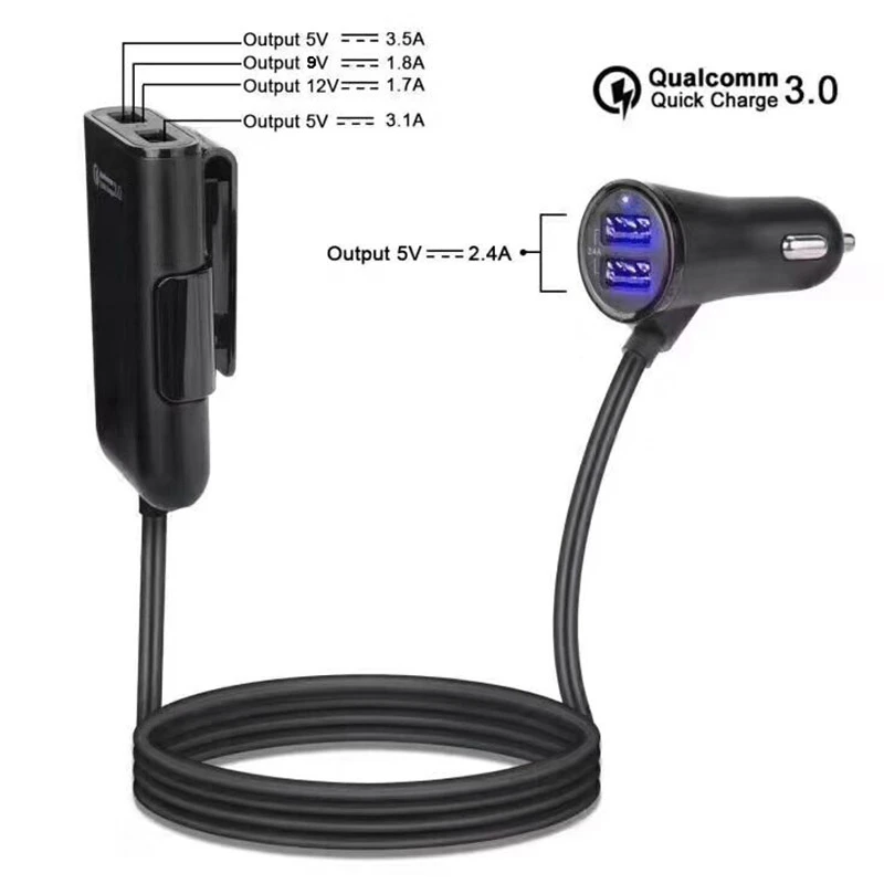 Universal 4 Ports QC3.0+2.4A+3.1A USB Fast Car Charger with 5.6ft Extension Cable for iPhone X SAMSUNG S9 HTC XIAOMI Mi8 Tablet (1)