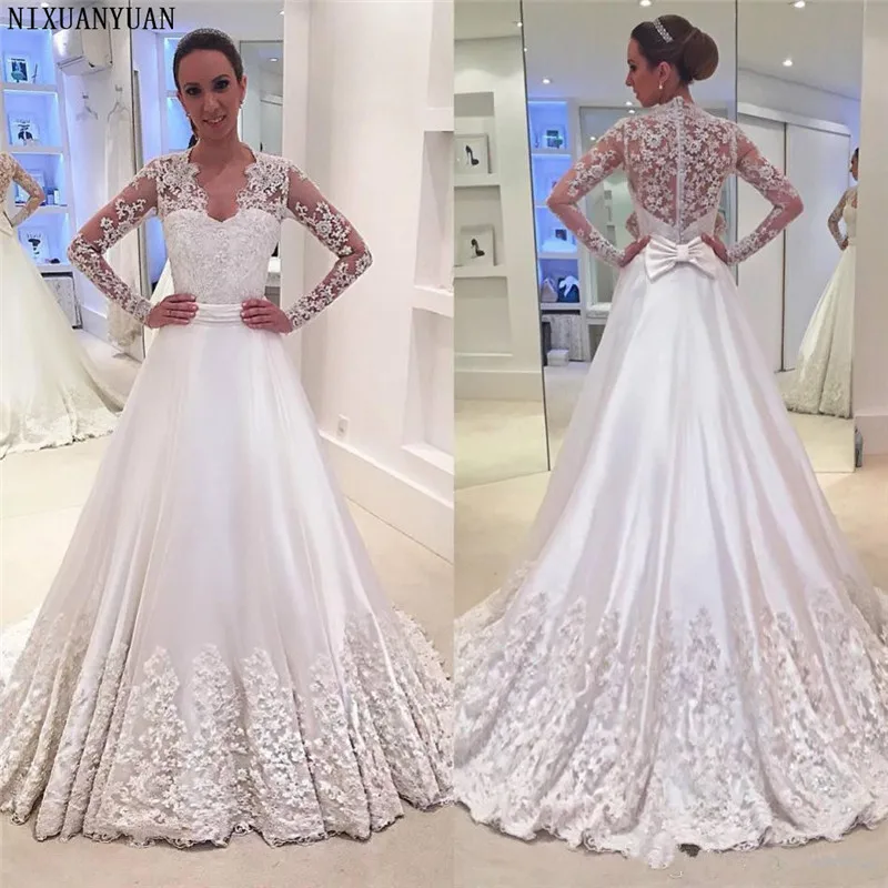 

Long Sleeve Vintage Lace Wedding Dresses 2019 V Neck with Bow A Line Elegant Winter Vestido De Novia Charming Bridal Gowns