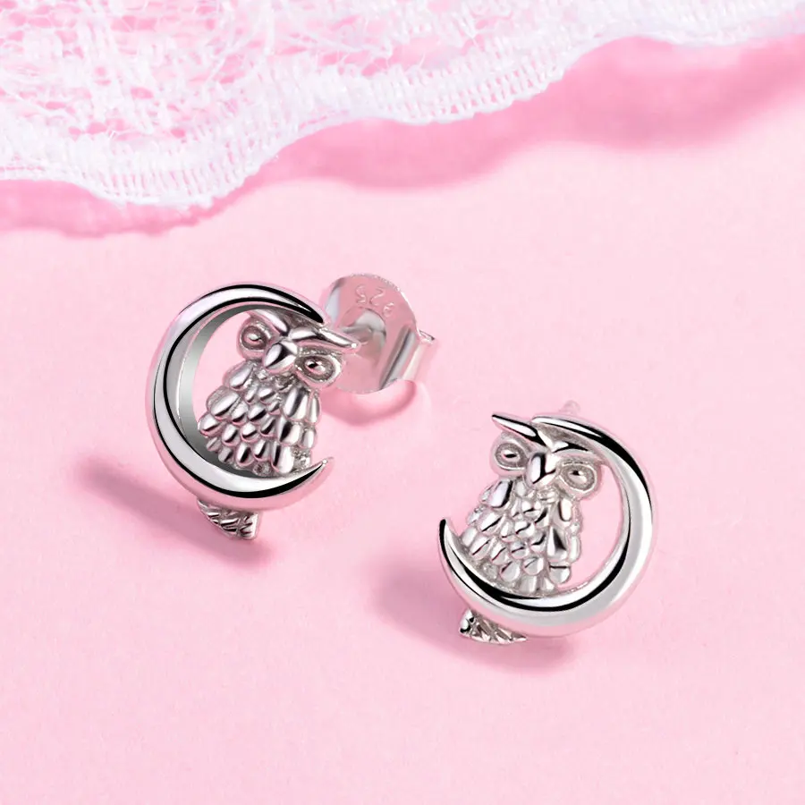 

Angel Caller Authentic 925 Silver Owl Moon Stud Earrings Women Fashion Eagle Earring Sterling Silver Jewelry Gril Gifts CYE10