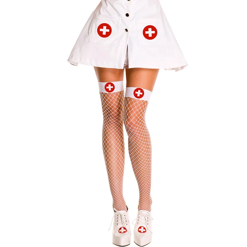 Чулки для медсестры, украшенные красным бантом, очаровательные чулки в сеточку, чулочно-носочные изделия для женщин, сексуальные женские - Цвет: Белый