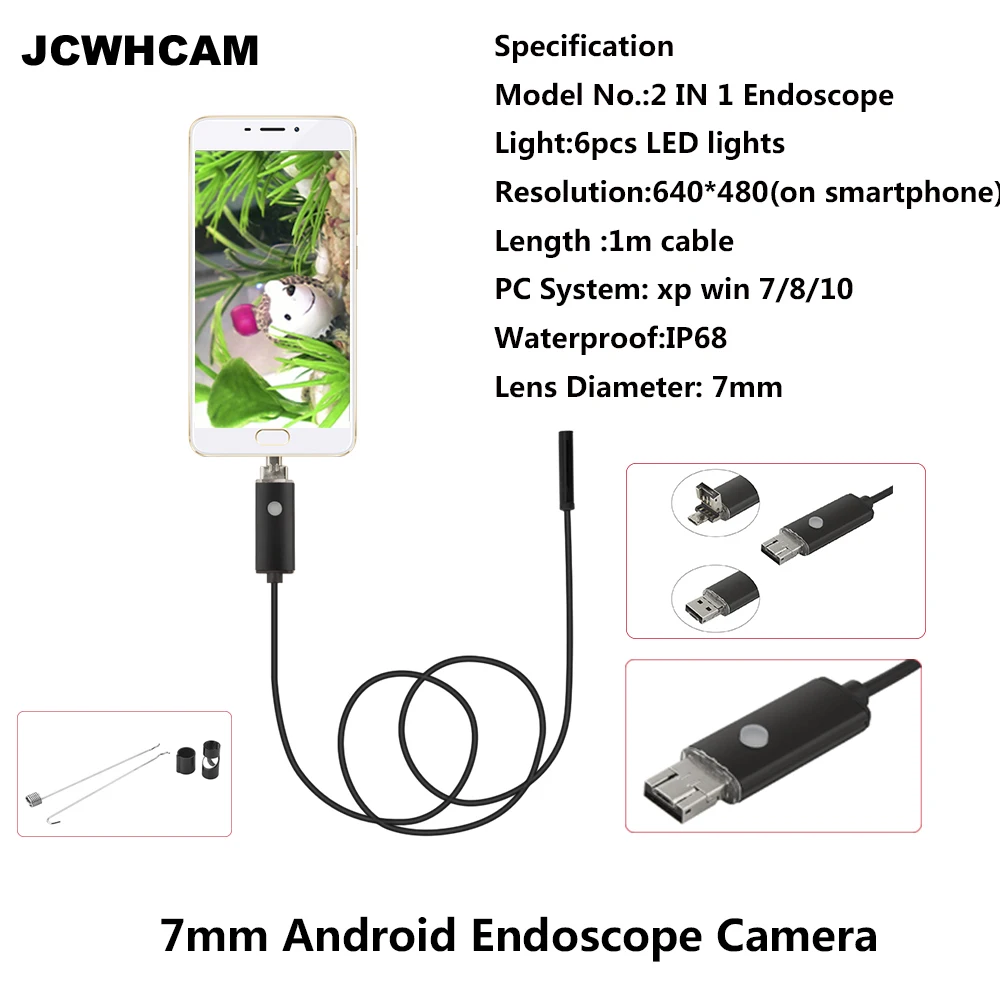 JCWHCAM 2в1 Змеиный эндоскоп 1 м/3 3 фута 7 мм 6 светодиодов Водонепроницаемый Бороскоп