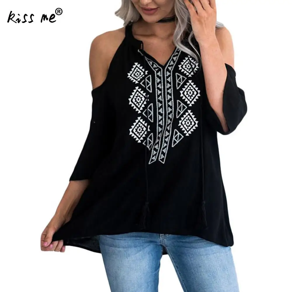 New Ladies Blouses Print Geometric Women Tops Lace UP Seven Sleeve V