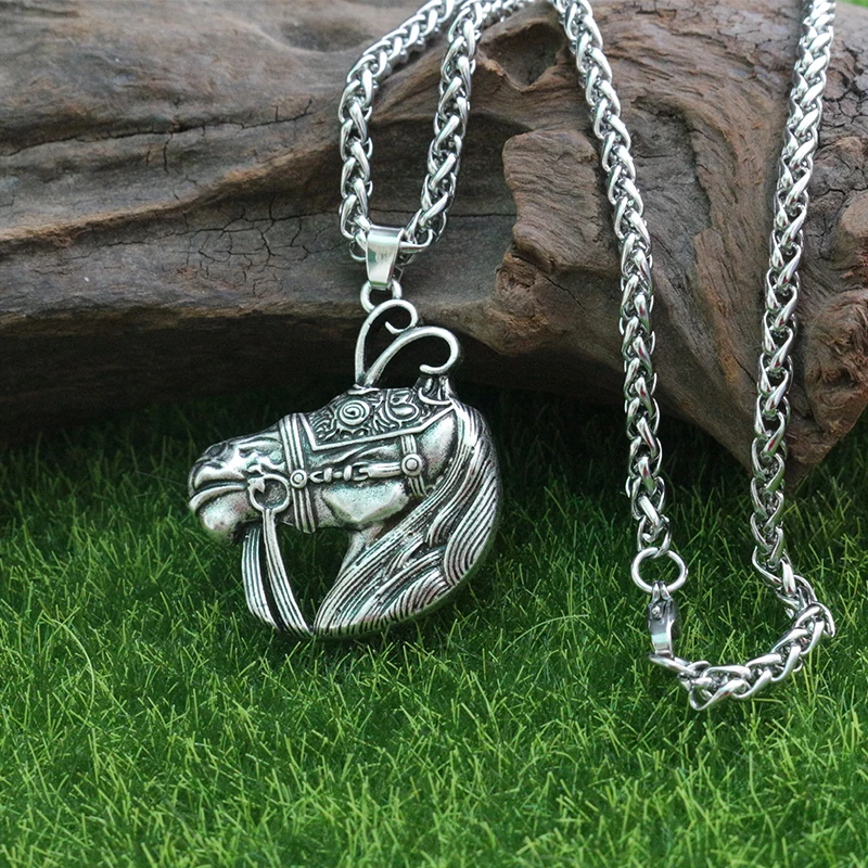 lanseis 1pcs Viking Warrior Horse Pendant necklace Norse Warhorse Horned Helmet Antique Silver