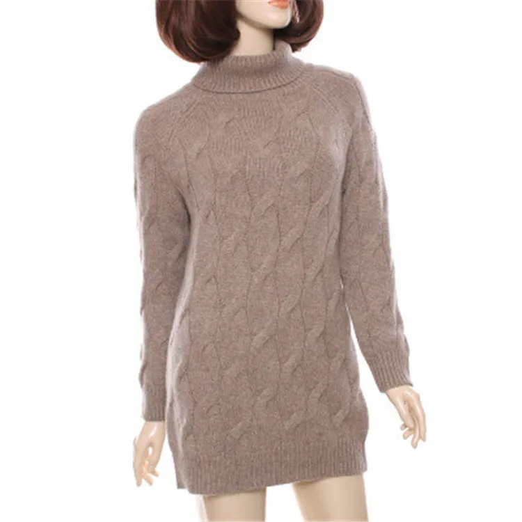  high grade 100%goat cashmere thick twist knit women fashion mid-long dress pullover sweater camel 3