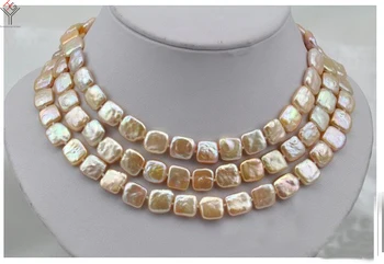 

50'' 127cm Women Jewelry 10x12mm pearl necklace pink pearl square slice pearl handmade real freshwater pearl gift
