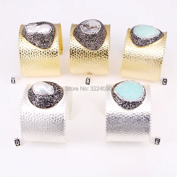 

3PCS B291-9787 Natural big irragular pearl /geode quartz/ stone bead pave rhinestone adjustable wide open bangle cuff for women