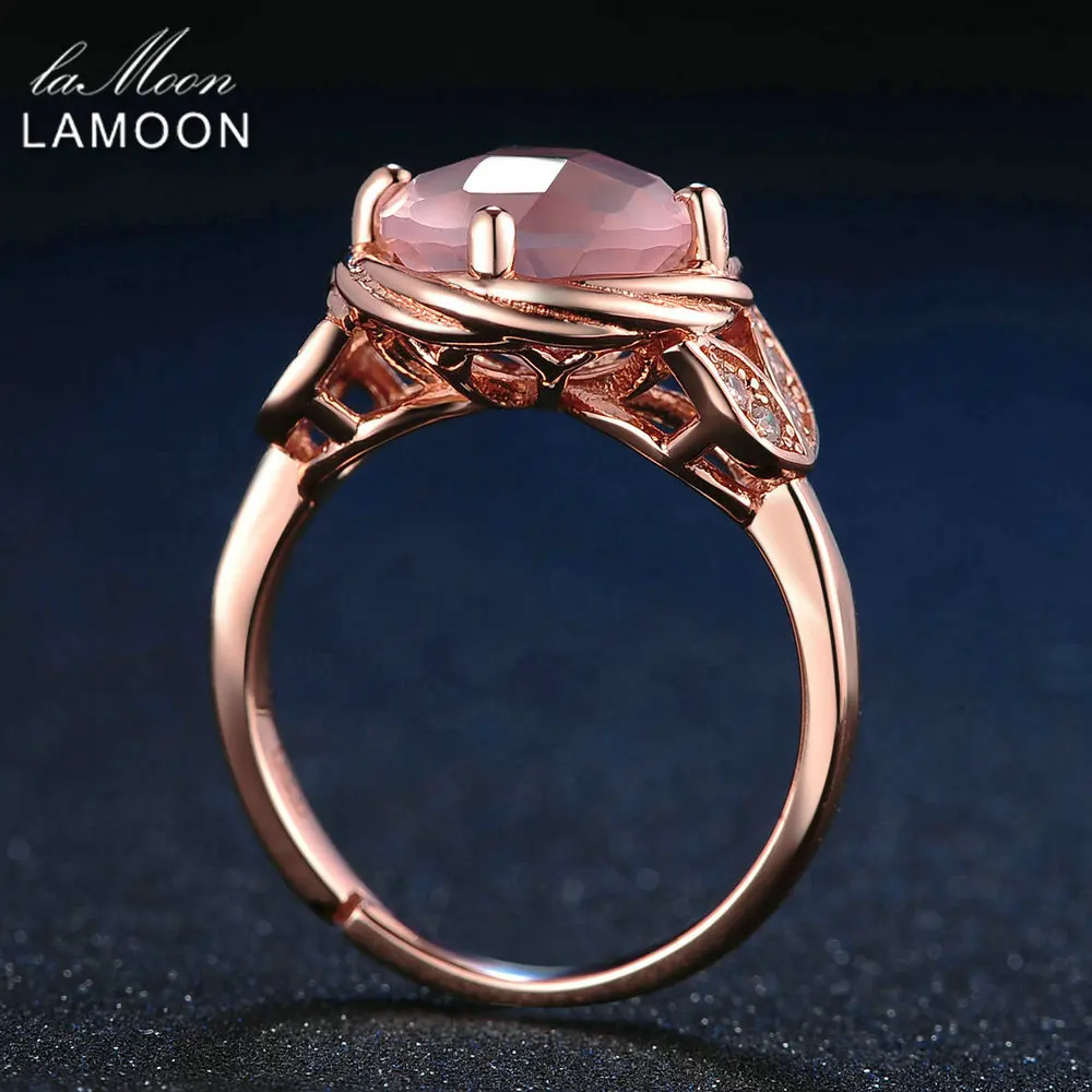 LAMOON 925 Sterling Silver Jewelry Wedding Bands Rings Flower 9mm Natural Round Pink Mosaic Rose Quartz Romantic Ring Anillos