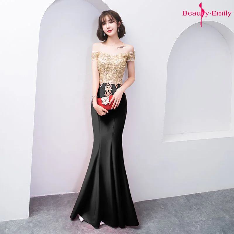 

Beauty Emily Luxurious Elegant Mermaid Evening Dress Off The Shoulder 2019 Half Sleeve Party Gown Applique Ruched robe de soiree