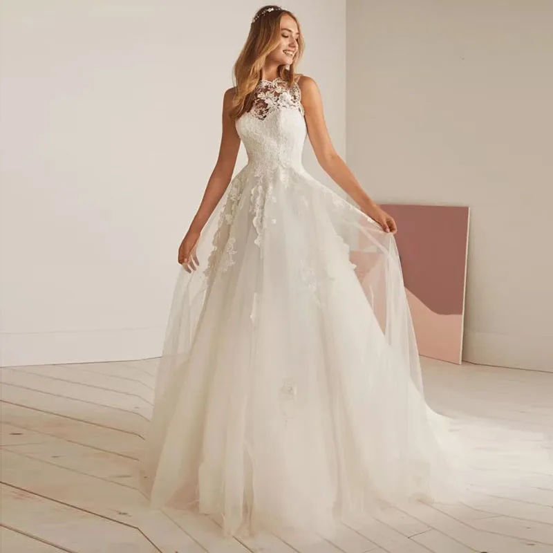 

Eightale Boho Wedding Dress 2019 O-Neck A-Line Appliques Lace Tulle Skirt with Buttons Princess Bridal Dress Beach Wedding Gowns