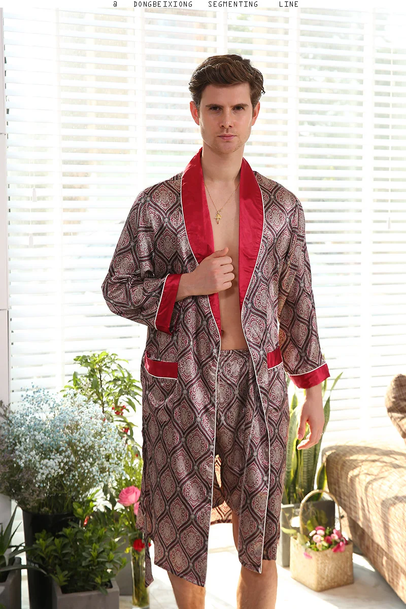 Новый Демисезонный роскошный пеньюар мужские принт плюс Размеры шелковые пижамы кимоно летняя Мужская Ночная рубашка Китайский шелковый