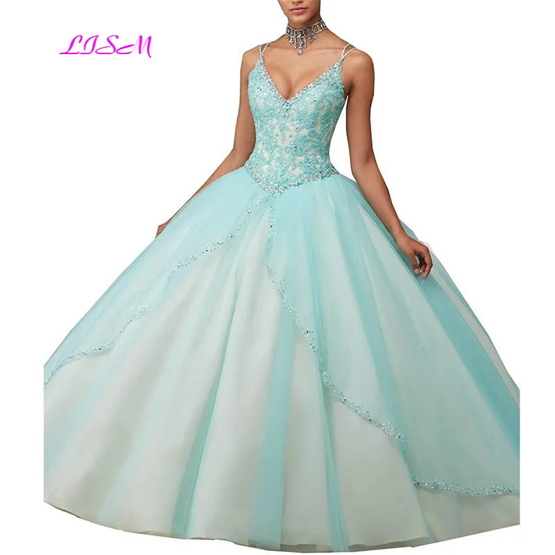 

Spaghetti Straps Beaded Lace Ball Gown Quinceanera Dresses Sexy Deep V-Neck Tulle Prom Party Gowns 2019