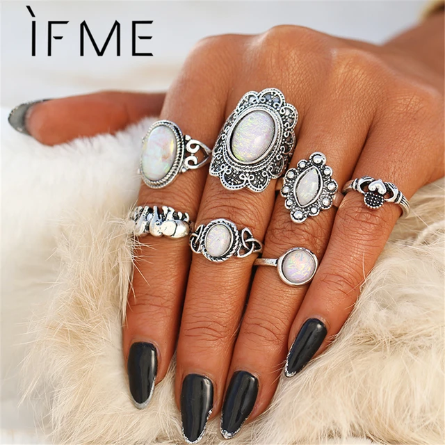 IF ME Vintage Ring Sets for Women Bohemian Silver Color Opal Stone Elephant Hear IF ME Vintage Ring Sets for Women Bohemian Silver Color Opal Stone Elephant Hear