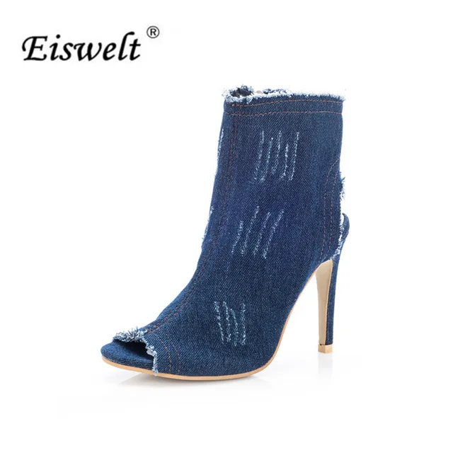 EISWELT 2017 Fashion Summer Women's Ladies Fish Mouth Zip Super High Heel Open Toes Wedge Denim Blue Sandals Shoes Women#LQ152