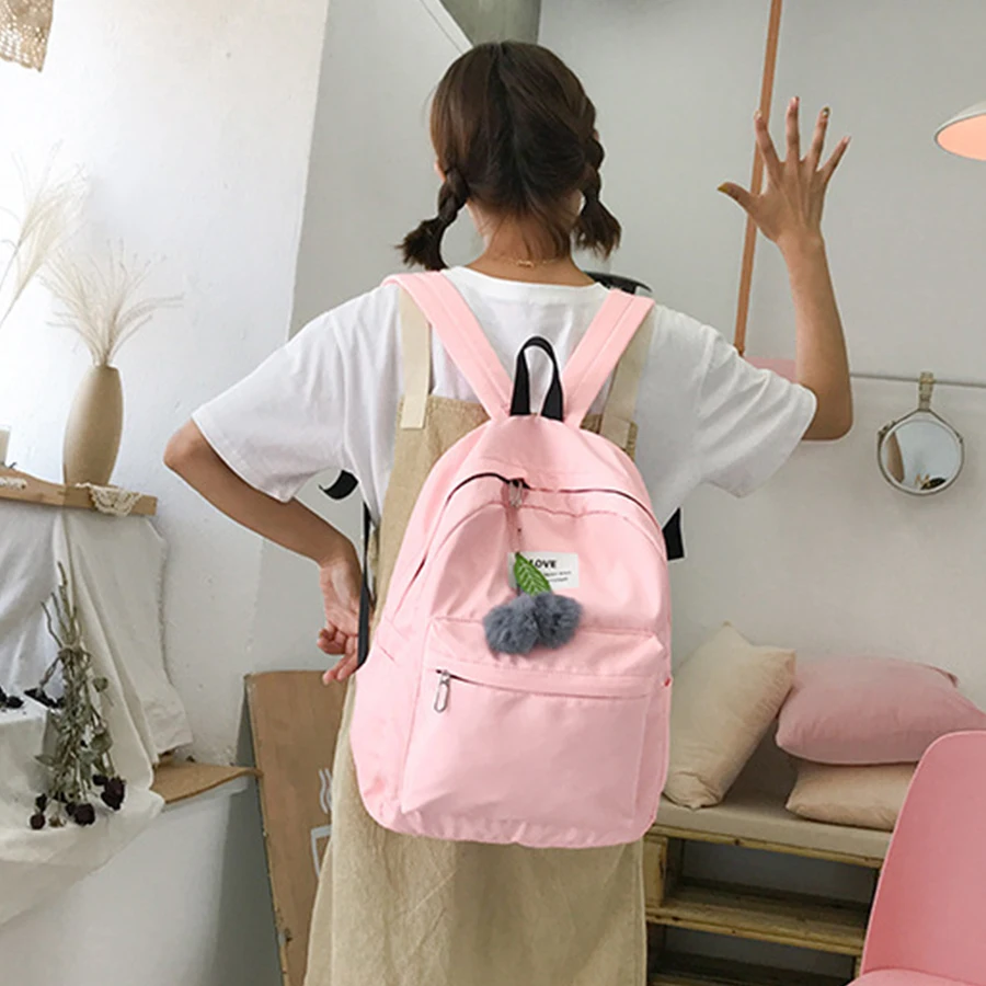 

Solid Color Fashion Oxford Women Backpack Hair Ball Cute College Wind Girl Teen School Bag Student Outdoor Travel Bag Mochila
