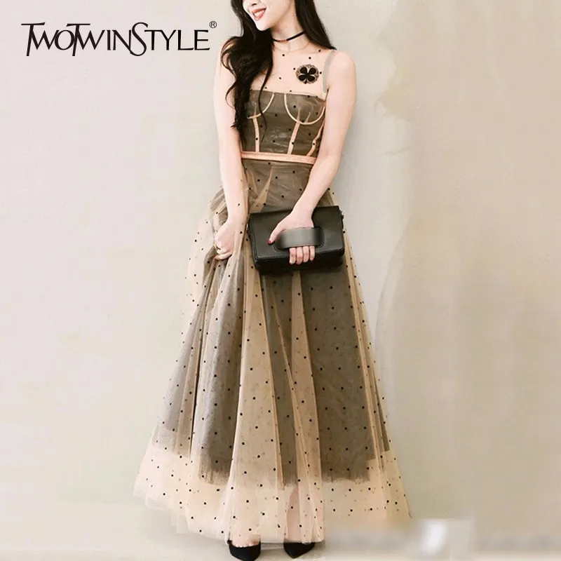 

TWOTWINSTYLE Two Piece Suit Women Sleeveless Dot Mesh High Waist Droped Long Dress With Pu Leather Suspenders Evening Dresses