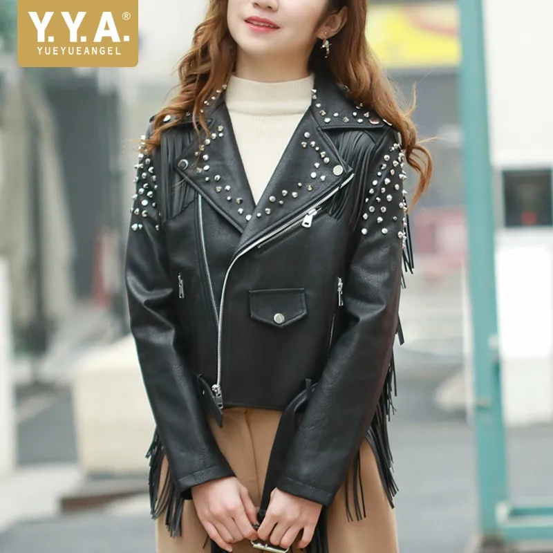 

Personality Fashion Tassel Rivet Short PU Leather Womens Outerwear Coats Punk Style Long Sleeve Zipper Big Size Female Jackets