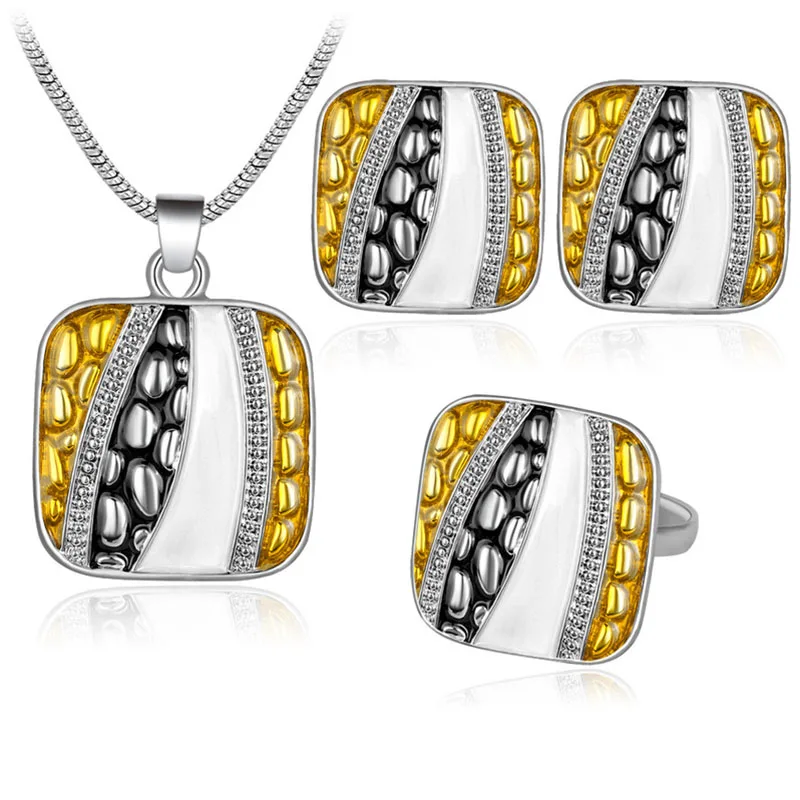 

Enamel Geometric Jewelry Sets Square Shaped Pendant Necklace Earrings Ring Women Fashion Jewelry Accessory