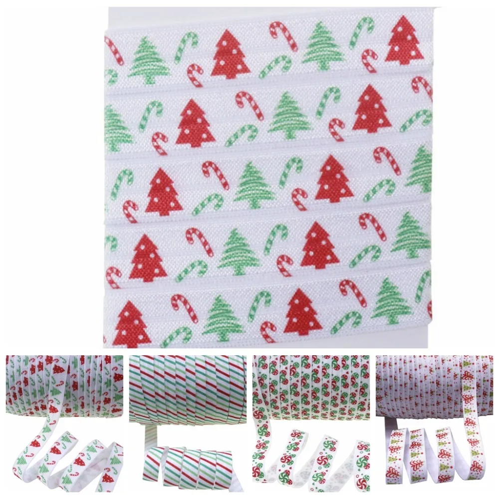 5/8" heat transfer Christmas tree gift candy stripes dots fold over elastic foe for headband ties welcome custom printed | Аксессуары