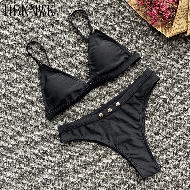 

HBKNWK Women Swimwear 2019 Sexy Black High waist Bikini Set Female Button split swimsuit Push Up Two piece suit Biquini Swimsuit