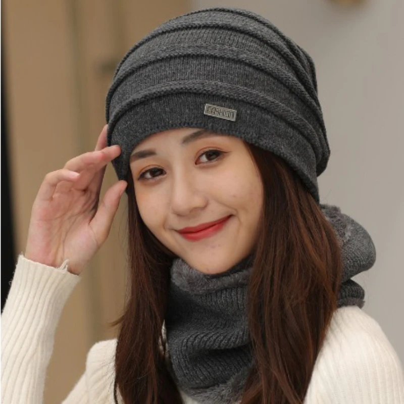 HT2133 Мужская и женская зимняя шапка, шарф, набор, Толстая теплая вязаная шапка, шарф для зимы, мешковатые сутулящиеся шапочки, ветрозащитные зимние аксессуары
