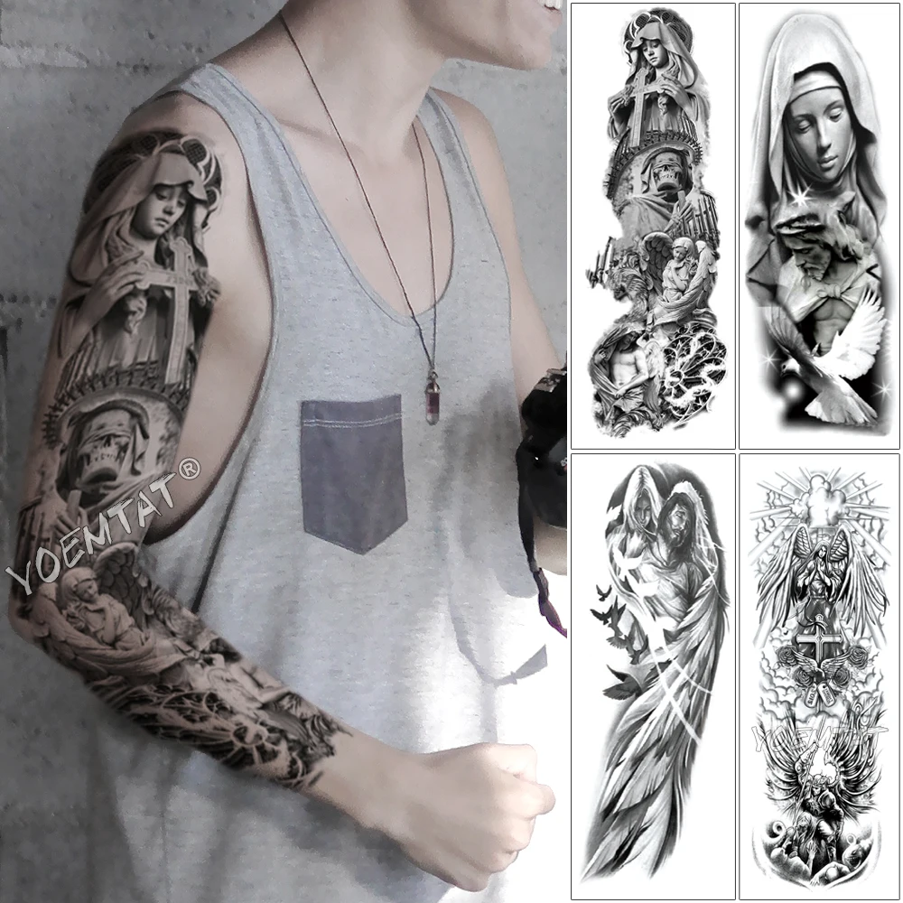 Large Arm Sleeve Tattoo Cross Angel Hymn Waterproof Temporary Tattoo  Sticker Psalm Wing Saint Men Full Skull Totem Tatoo - Temporary Tattoos -  AliExpress