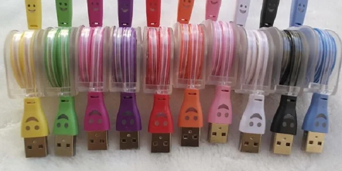LED light Visible Micro USB V8 Cable 1M 3FT Retractable Charging Cables Smile face Flat Noodle Sync Data for Samsung HTC