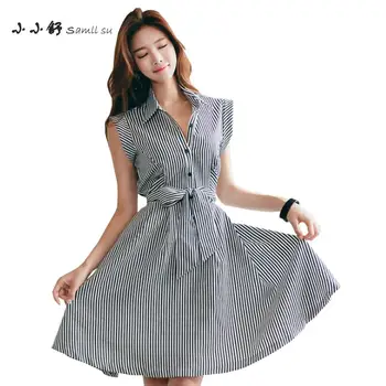 

Summer Office White Black Striped Turn-down Collar Sleeveless Sundress Bodycon Sashes A-line Dresses Women Vestido Mujer Longe